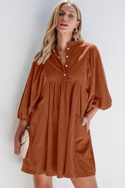 Gold Flame Corduroy Snap Buttons Empire Waist Bracelet Sleeve Dress LC6121359-P5014