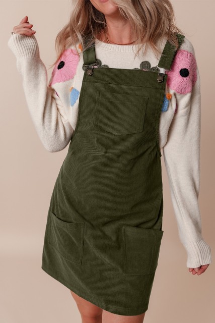 Vineyard Green Solid Front Pockets Sleeveless Corduroy Overall Dress LC6121362-P2409