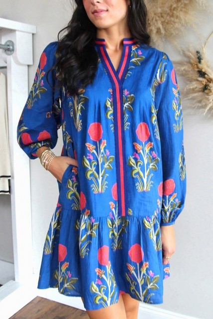 Sky Blue Floral Print Contrast Striped Trim Notched Neck Long Sleeve Dress LC6125835-P205