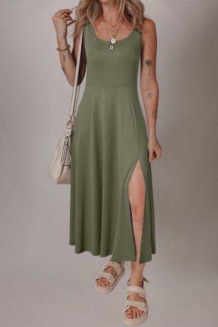 Four Leaf Clover Sleeveless Scoop Neck Flared Split Midi Dress LC6122365-P2909
