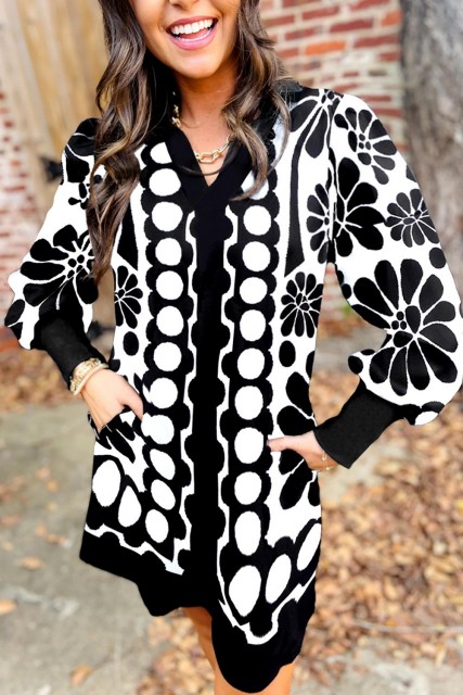 Black Polka Dot Floral Printed V Neck Long Sleeve Shift Mini Dress LC6125922-P2