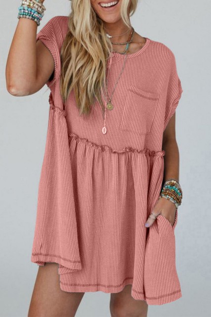 Dusty Pink Corded Knit Textured Patched Pocket Frilled Swing Mini Dress with Pockets LC6121389-P9010