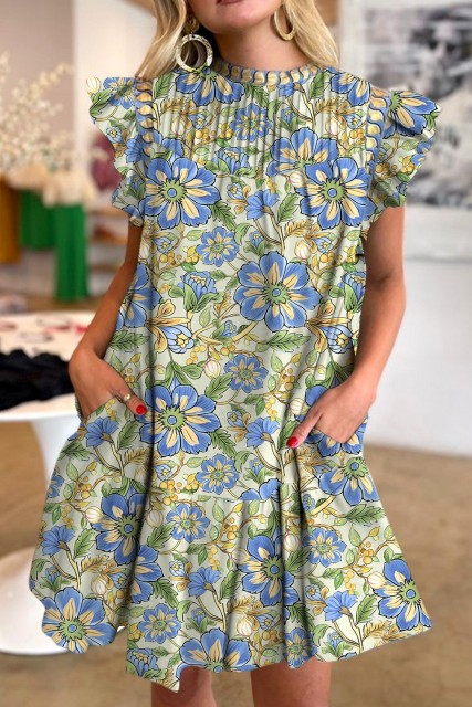 Spinach Green Botanical Floral Print Pleated Ruffle Detail Short Dress LC6124015-P709