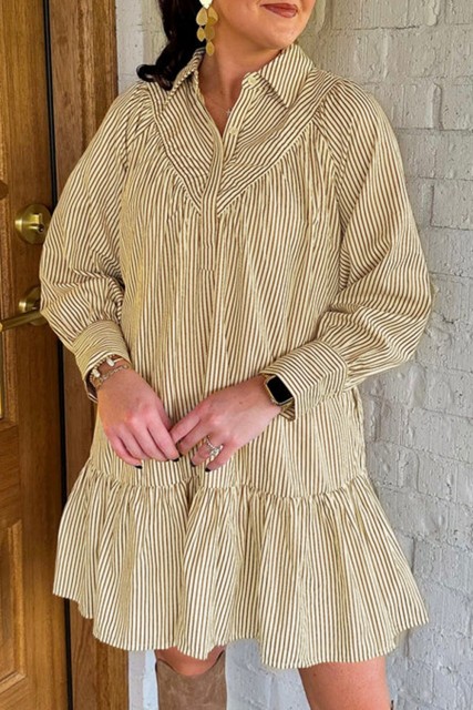 Brown Stripe Collared Neck Cuffed Long Sleeve Drop Waist Mini Dress LC6125735-P1719