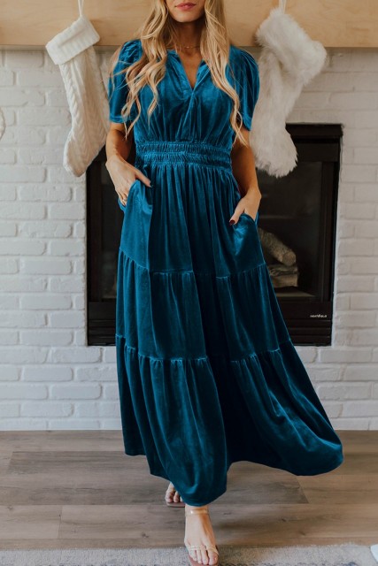 Prussian Blue Velvet Short Sleeve Shirred Waist Tiered Maxi Dress LC6121808-P505