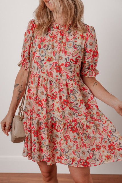 Multicolour Floral Print Frilled Neck Puff Sleeve High Waist Dress LC6124370-P22
