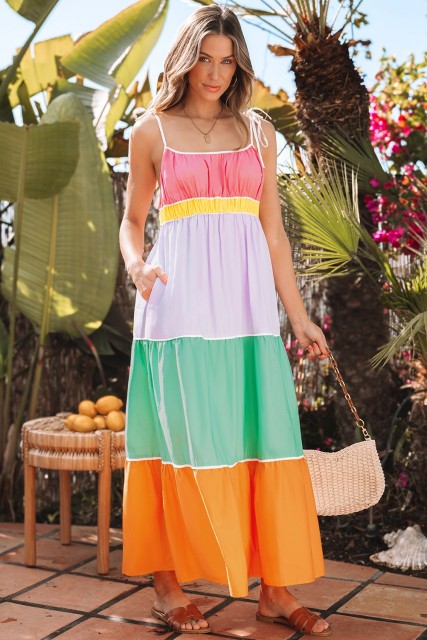 Multicolour Colorblock Self-tie Straps High Waist Flowy Maxi Dress with Pockets LC6123437-P22