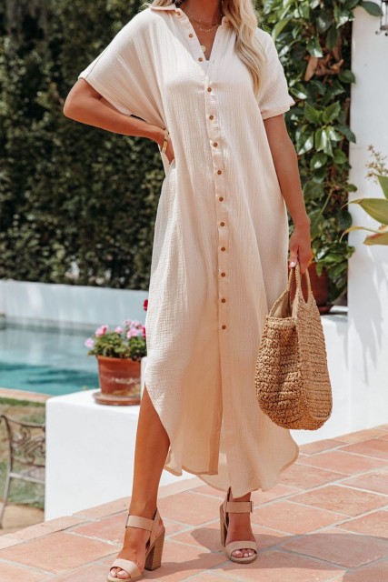 Apricot Crinkled Buttons Maxi Beach Dress with Slits LC2541222-18
