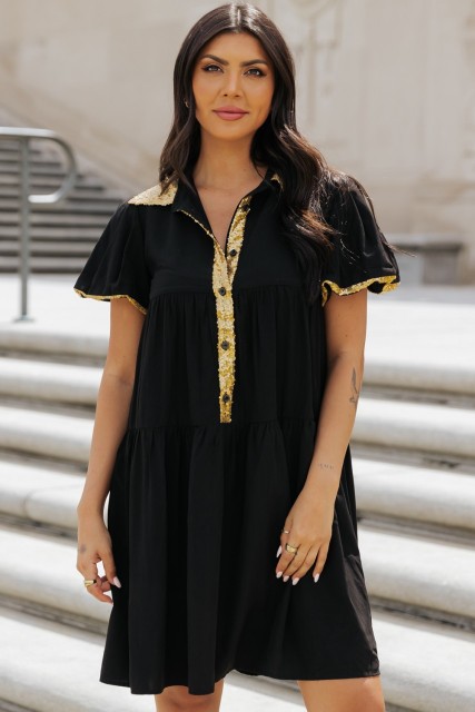 Black Sequin Trim Bubble Sleeve Game Day Shirt Dress LC6118810-P2