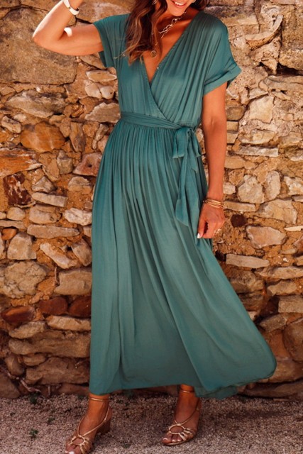 Blackish Green Solid Color V Neck Wrap Pleated Short Sleeve Maxi Dress LC6118918-P309