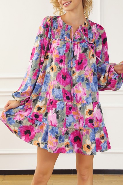Multicolour Floral Tie Neck Bubble Sleeve Shift Dress LC6118071-P22