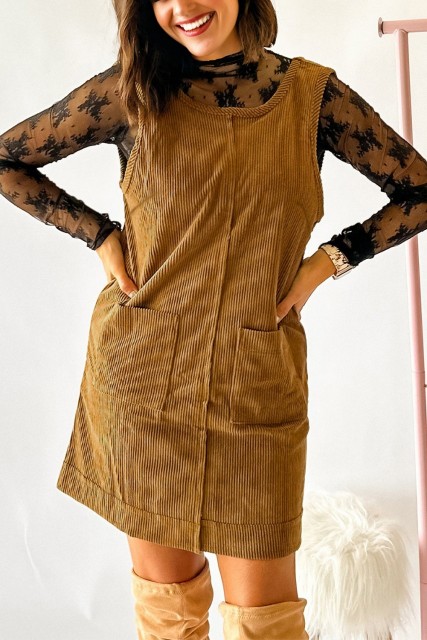 Beige Corduroy Sleeveless Mini Dress With Patched Pockets LC6125856-P207