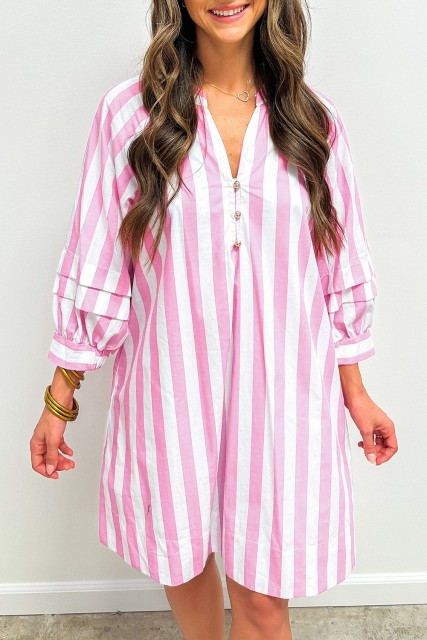 Rose Stripe Bracelet Sleeve Buttons Loose Mini Dress LC6125636-P619