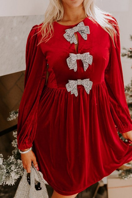 Fiery Red Bowknot Decor High Waist Velvet Mini Dress LC6126022-P3