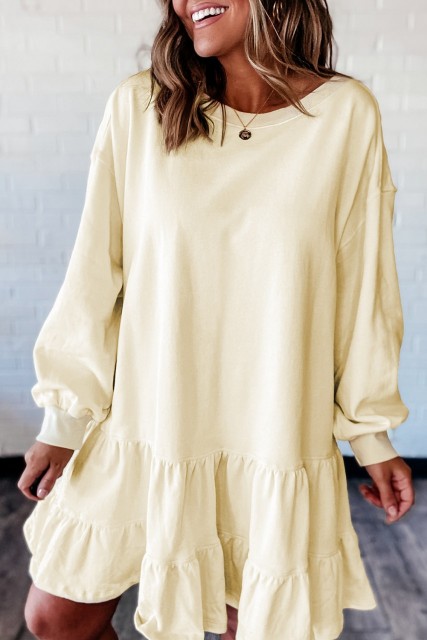 Beige Double Tiered Ruffle Hem Long Sleeve Loose Mini Dress LC6126310-P15