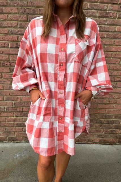 Pink Oversized Plaid Puff Sleeve Round Hem Shirt Dress LC6122482-P10