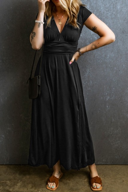 Black Short Sleeve Shirred High Waist V Neck Maxi Dress LC6118843-P2