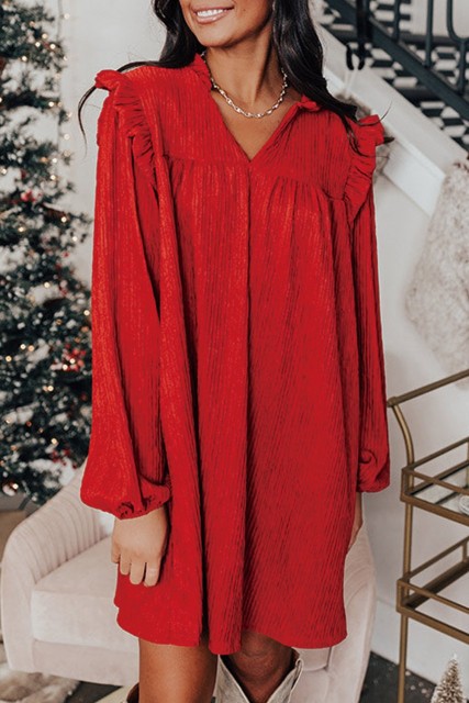 Fiery Red Textured Ruffled Trim V Neck Loose Fit Mini Dress LC6121511-P3