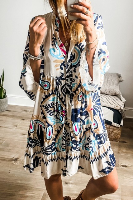 White Printed Tribal Bracelet Sleeve Buttoned Mini Dress LC6118388-P120