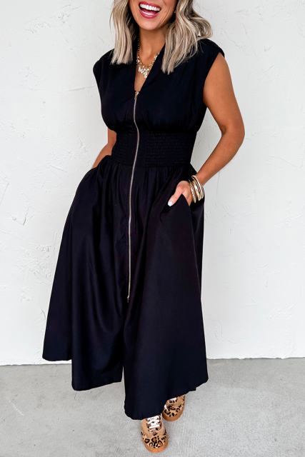 Black Sleeveless Zipped Front V Neck Shirred Waist Maxi Dress LC6124644-P2