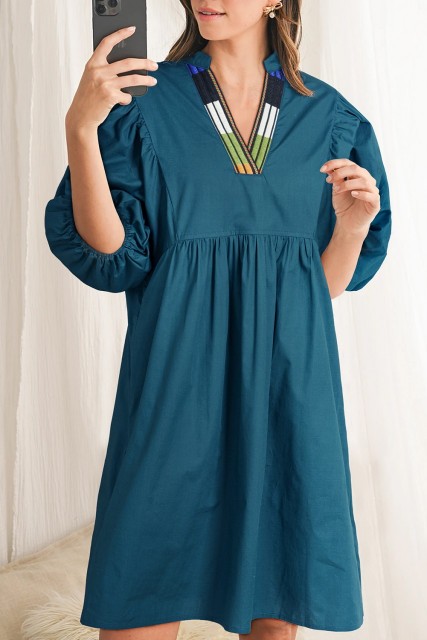 Blue Sapphire Colorblock Split V Neck Puff Sleeve Mini Dress LC6123555-P805