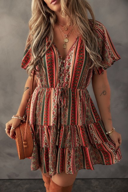 Red Bohemian Floral Print Buttoned V Neck Ruffle Tiered Dress LC6124388-P10320